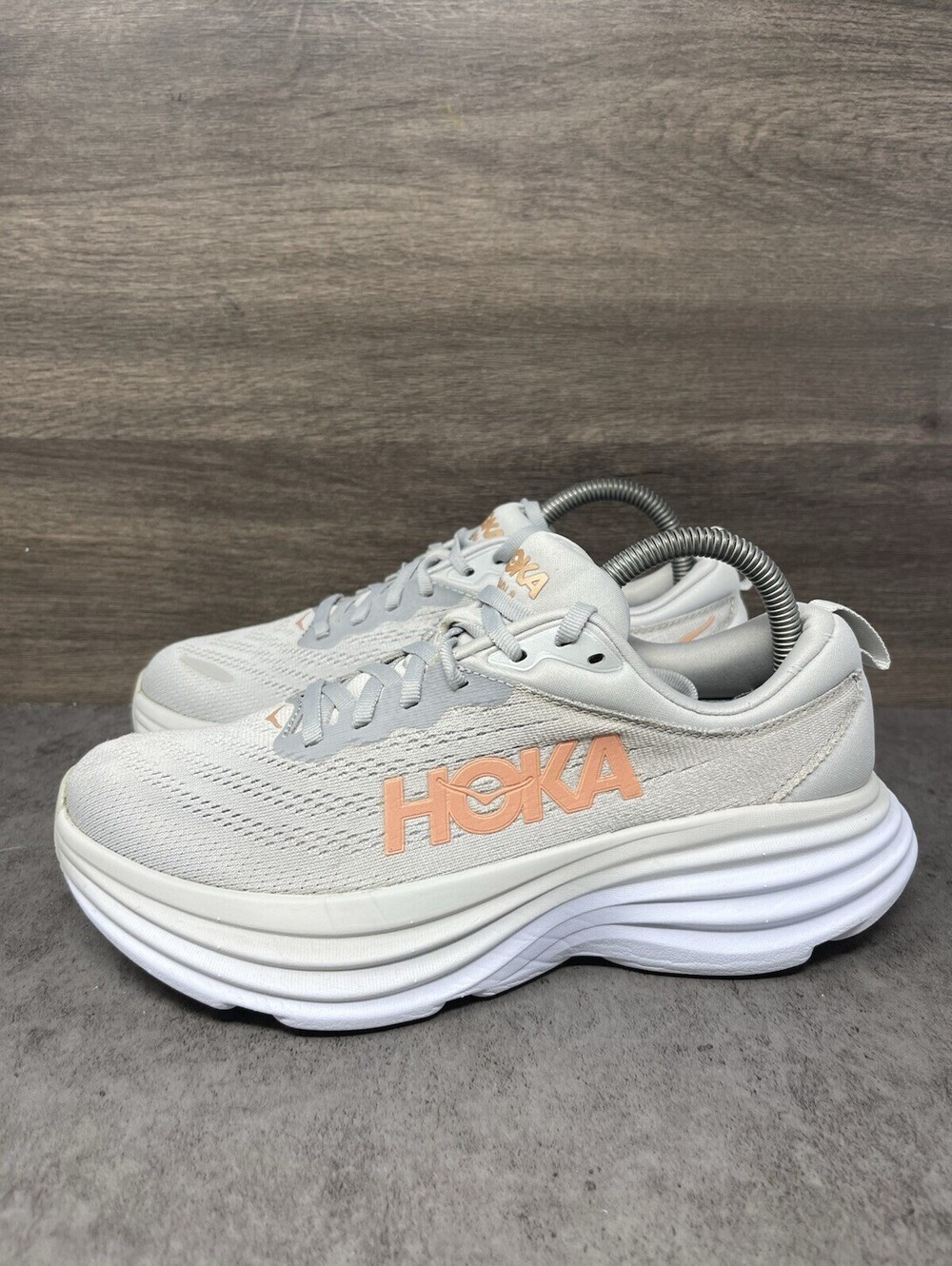 HOKA Bondi 8 Womens Size 7.5 Gray Peach Max Cushion Running Walking Shoes